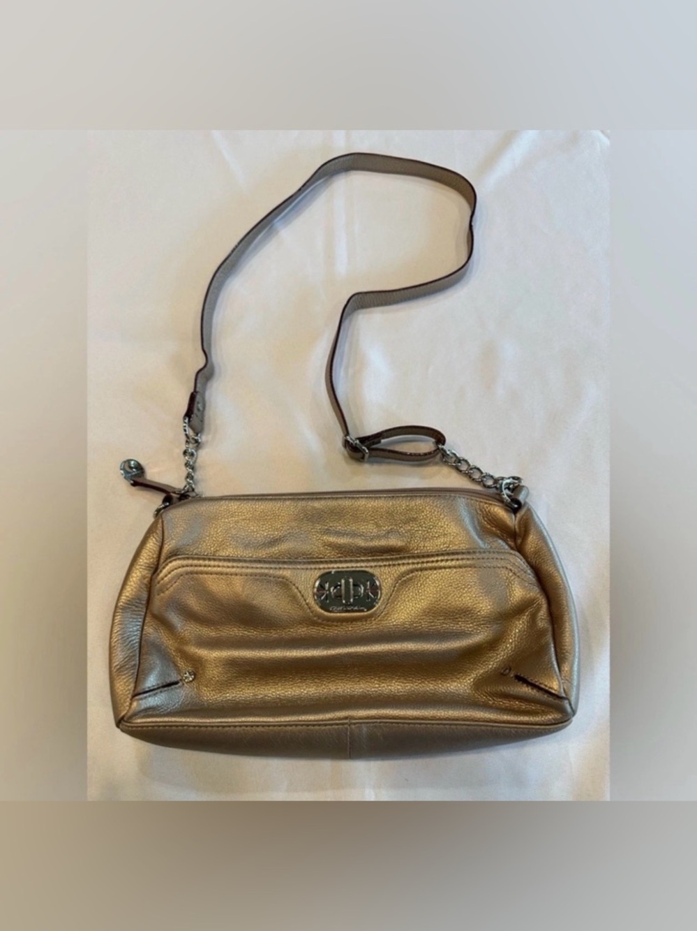 Isaac Mizrahi Gold Leather Shoulder Bag With Pink Dust Bag And Interior